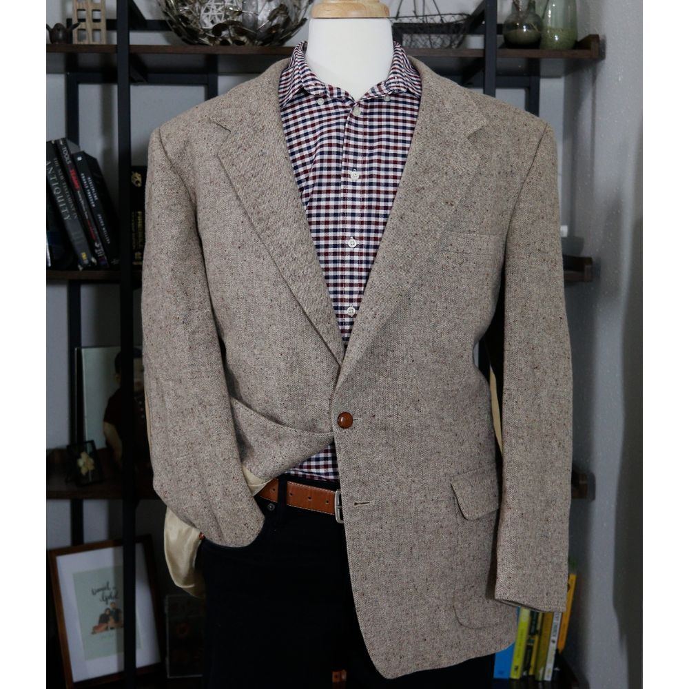 VTG Farah Men's Blazer Jacket Two Button Beige Wool Elbow Patch Size 46 Long